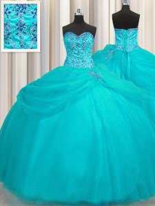 Luxurious Puffy Skirt Aqua Blue Sleeveless Floor Length Beading Lace Up Sweet 16 Quinceanera Dress