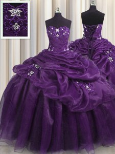 Classical Purple Sleeveless Organza and Taffeta Lace Up Quinceanera Gowns for Military Ball and Sweet 16 and Quinceanera