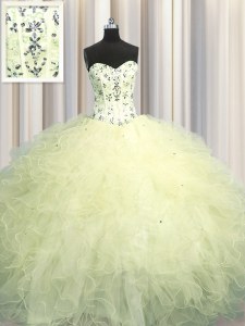 Wonderful Visible Boning Light Yellow Quinceanera Dresses Military Ball and Sweet 16 and Quinceanera and For with Beading and Appliques and Ruffles Sweetheart Sleeveless Lace Up