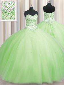 Inexpensive Bling-bling Big Puffy Yellow Green Ball Gowns Sweetheart Sleeveless Tulle Floor Length Lace Up Beading 15th Birthday Dress
