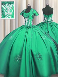 Turquoise Short Sleeves Beading and Appliques and Ruching Floor Length Ball Gown Prom Dress