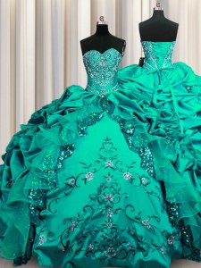 Sequins Dark Green Sweetheart Neckline Beading and Embroidery and Ruffles and Pick Ups Quinceanera Dresses Sleeveless Lace Up