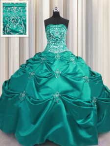 Custom Designed Embroidery Strapless Sleeveless Lace Up Sweet 16 Dress Dark Green Taffeta