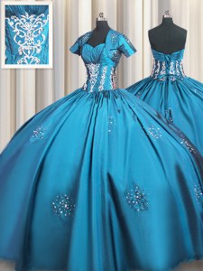 Teal Short Sleeves Taffeta Lace Up Quinceanera Dress for Military Ball and Sweet 16 and Quinceanera