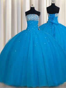 Really Puffy Strapless Sleeveless Sweet 16 Quinceanera Dress Floor Length Beading and Sequins Teal Tulle