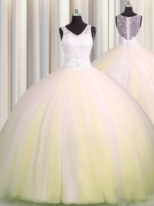 Zipple Up V Neck Light Yellow Sleeveless Brush Train Beading and Appliques Quinceanera Gowns