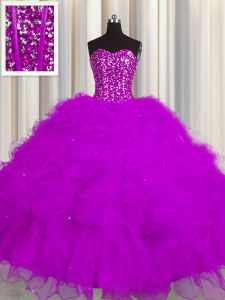 Visible Boning Fuchsia Sleeveless Beading and Ruffles and Sequins Floor Length Quinceanera Dresses