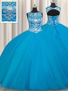 Scoop Sleeveless Lace Up Floor Length Beading Quinceanera Dresses