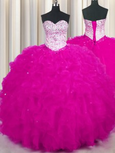 Top Selling Fuchsia Ball Gowns Sweetheart Sleeveless Tulle Floor Length Lace Up Beading and Ruffles Quinceanera Gown