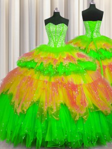 Noble Bling-bling Visible Boning Multi-color Ball Gowns Sweetheart Sleeveless Tulle Floor Length Lace Up Beading and Ruffles and Ruffled Layers and Sequins Vestidos de Quinceanera