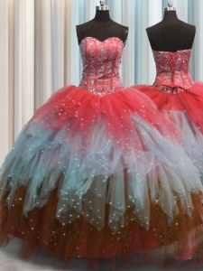 Excellent Visible Boning Sweetheart Sleeveless Quinceanera Dress Floor Length Beading and Ruffles and Sequins Multi-color Tulle