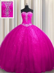 Sweetheart Sleeveless 15th Birthday Dress With Train Court Train Beading and Appliques Fuchsia Tulle and Sequined