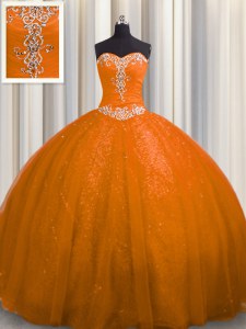 Best Selling Rust Red Tulle and Sequined Lace Up 15 Quinceanera Dress Sleeveless With Train Court Train Beading and Appliques