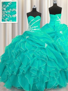 Adorable Sweetheart Sleeveless Quince Ball Gowns Floor Length Beading and Appliques and Ruffles Turquoise Organza