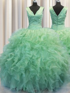 Zipper Up Green Ball Gowns V-neck Sleeveless Organza Floor Length Zipper Beading and Ruffles Sweet 16 Dress