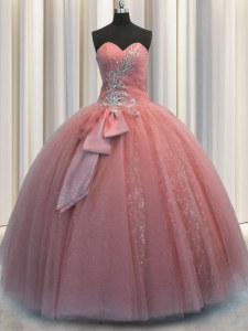 Fashionable Sequins Bowknot Ball Gowns Quince Ball Gowns Watermelon Red Sweetheart Tulle Sleeveless Floor Length Lace Up