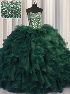 Modest Bling-bling Sleeveless With Train Beading and Ruffles Lace Up Sweet 16 Quinceanera Dress with Dark Green Brush Train