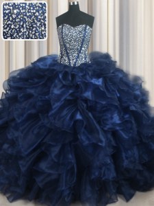 Luxurious Visible Boning Bling-bling With Train Navy Blue Quinceanera Gowns Sweetheart Sleeveless Brush Train Lace Up