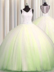 Flare Zipple Up Big Puffy Yellow Green Sleeveless Brush Train Beading and Appliques Quince Ball Gowns