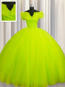Off The Shoulder With Train Lace Up Sweet 16 Dress Yellow Green for Military Ball and Sweet 16 and Quinceanera with Ruching Court Train
