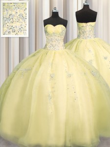 Really Puffy Sleeveless Floor Length Beading and Appliques Zipper Ball Gown Prom Dress with Light Yellow