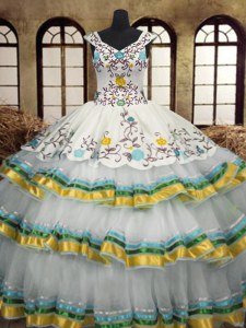 Luxurious Multi-color Lace Up Sweet 16 Dress Embroidery and Ruffled Layers Sleeveless Floor Length