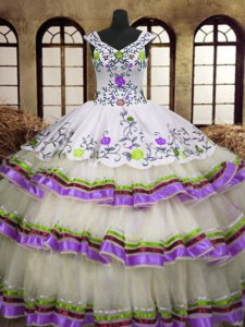 Multi-color A-line Embroidery and Ruffled Layers Ball Gown Prom Dress Lace Up Organza Sleeveless Floor Length