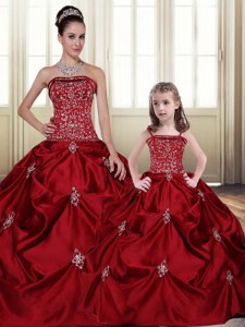 Sleeveless Taffeta Floor Length Lace Up Sweet 16 Dress in Wine Red with Embroidery and Pick Ups
