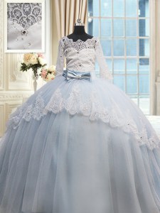 Light Blue Ball Gown Prom Dress Military Ball and Sweet 16 and Quinceanera and For with Beading and Lace and Bowknot Scalloped Half Sleeves Brush Train Lace Up