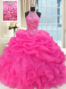 Glamorous See Through Beaded Bodice Hot Pink High-neck Lace Up Beading and Ruffles and Pick Ups 15 Quinceanera Dress Sleeveless