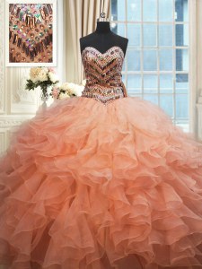 Custom Made Beaded Bodice Watermelon Red and Peach Ball Gowns Sweetheart Sleeveless Organza Floor Length Lace Up Beading and Ruffles Quinceanera Dress