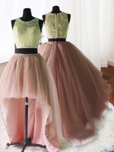 Three Piece Baby Pink 15th Birthday Dress Military Ball and Sweet 16 and Quinceanera and For with Beading and Lace and Ruffles Scoop Sleeveless Brush Train Zipper