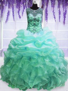 Scoop Floor Length Turquoise 15th Birthday Dress Organza Sleeveless Beading and Pick Ups