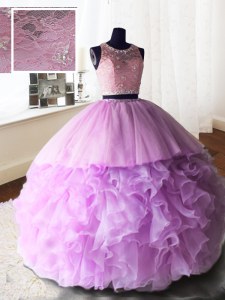 Best Scoop Lilac Zipper Quinceanera Dresses Beading and Lace and Ruffles Sleeveless With Brush Train