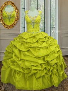 Dramatic Straps Yellow Green Sleeveless Floor Length Beading and Pick Ups Lace Up Quinceanera Dresses