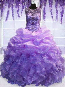 Top Selling Scoop Sleeveless Organza Floor Length Lace Up Quinceanera Gown in Lavender with Beading and Pick Ups