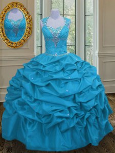 Modest Straps Sleeveless Taffeta Floor Length Lace Up Quinceanera Dresses in Aqua Blue with Beading and Pick Ups