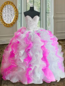 Comfortable Pink And White Ball Gowns Beading and Ruffles Ball Gown Prom Dress Lace Up Organza Sleeveless Floor Length