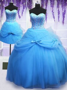 Three Piece Beading and Bowknot Ball Gown Prom Dress Baby Blue Lace Up Sleeveless Floor Length
