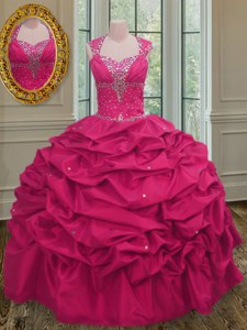 Discount Hot Pink Ball Gowns Taffeta Straps Sleeveless Beading and Pick Ups Floor Length Lace Up Sweet 16 Dress