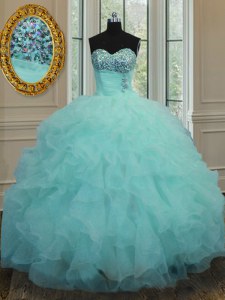 Custom Designed Floor Length Lace Up Quinceanera Gown Aqua Blue for Military Ball and Sweet 16 and Quinceanera with Beading and Ruffles