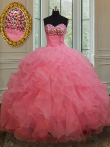 Cute Rose Pink Ball Gowns Sweetheart Sleeveless Organza Floor Length Lace Up Beading and Ruffles Sweet 16 Dress