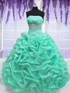 Sleeveless Floor Length Beading Lace Up Vestidos de Quinceanera with Turquoise