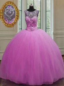 Lilac Ball Gowns Tulle Scoop Sleeveless Beading Floor Length Lace Up Quince Ball Gowns