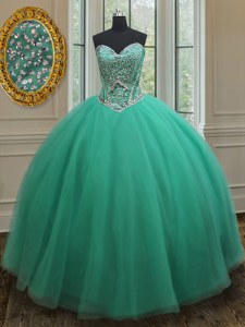 Floor Length Turquoise Quinceanera Dress Tulle Sleeveless Beading