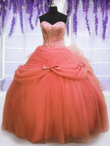 Sleeveless Floor Length Beading and Bowknot Lace Up Quinceanera Gowns with Watermelon Red