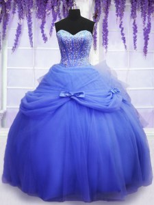 Blue Ball Gowns Sweetheart Sleeveless Tulle Floor Length Lace Up Beading and Bowknot Sweet 16 Quinceanera Dress