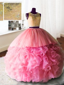 Cheap Scoop Rose Pink Zipper Ball Gown Prom Dress Beading and Lace and Ruffles Sleeveless With Brush Train