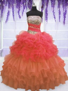 Unique Multi-color Strapless Neckline Beading and Ruffled Layers and Pick Ups Quinceanera Dress Sleeveless Lace Up