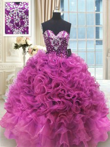 Designer Sleeveless Floor Length Beading and Ruffles Lace Up 15 Quinceanera Dress with Fuchsia